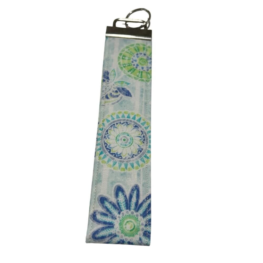 NEW Handmade Wrist Keychain Blue, White, Green Boho Pattern Silver Tone Hardware